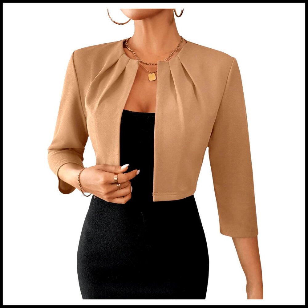 Stretch Cropped Blazer 3/4 Sleeve Open Front Pleated Work Office Jacket